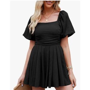 NEW Black Romper Puff Sleeve Square Neck Mini Romper L